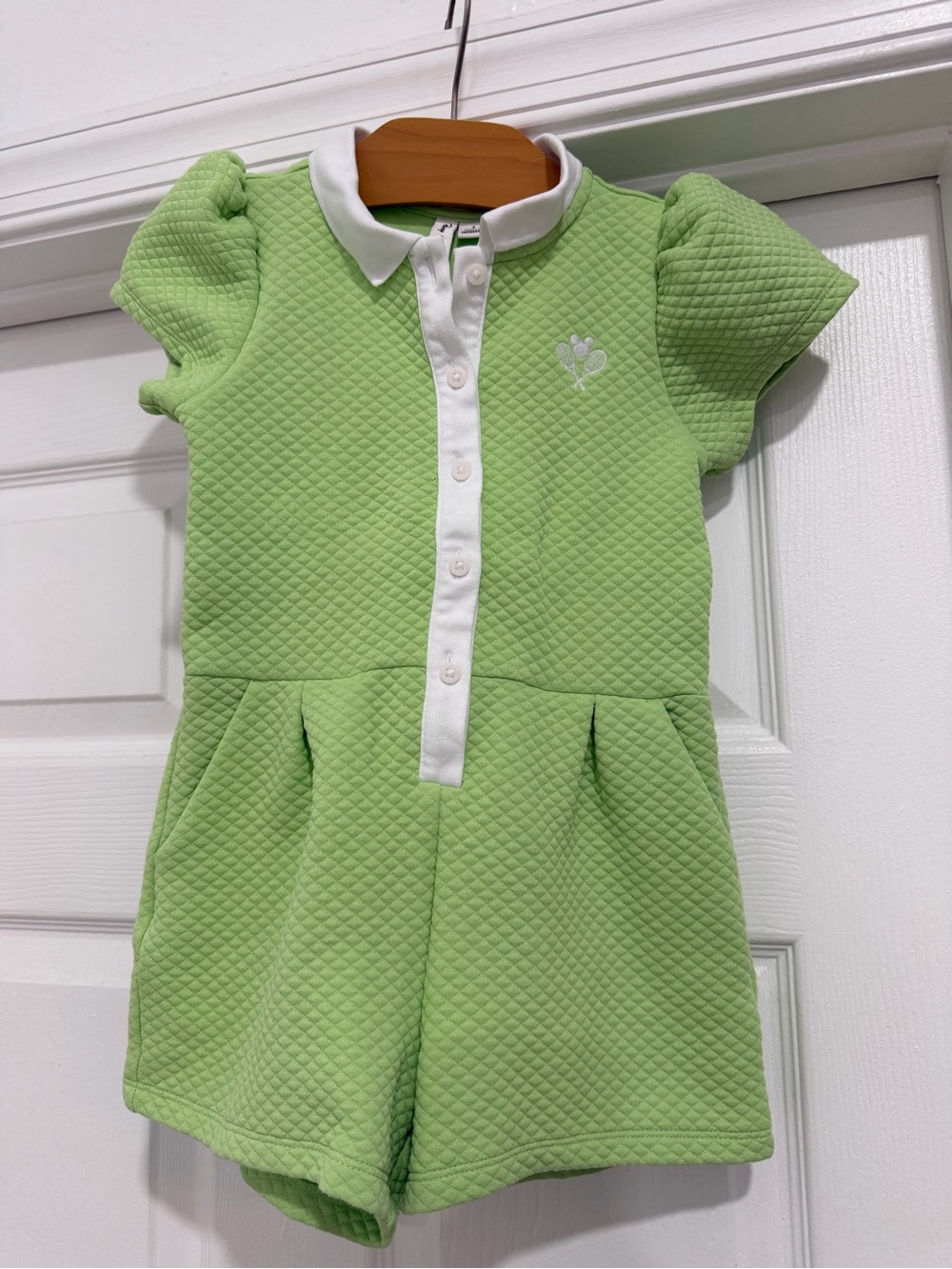 Disney x Janie and Jack Green Quilted Polo Romper with Mickey head.